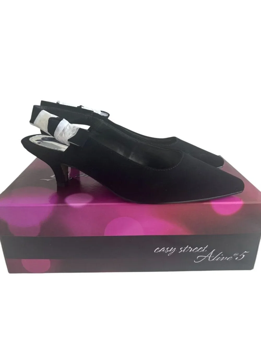 EASY STREET Black Lamy Fabric Slingback Bow Kitten Heels Size 8 NEW NIB